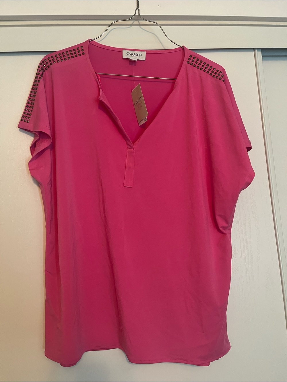 Carmen Marc Valvo Hot Pink V-Neck Stud-Trim Blouse